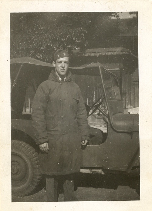 Lt Douglas Ladd w: LSM-146 Jeep, Osaka, Japan 1945.jpg